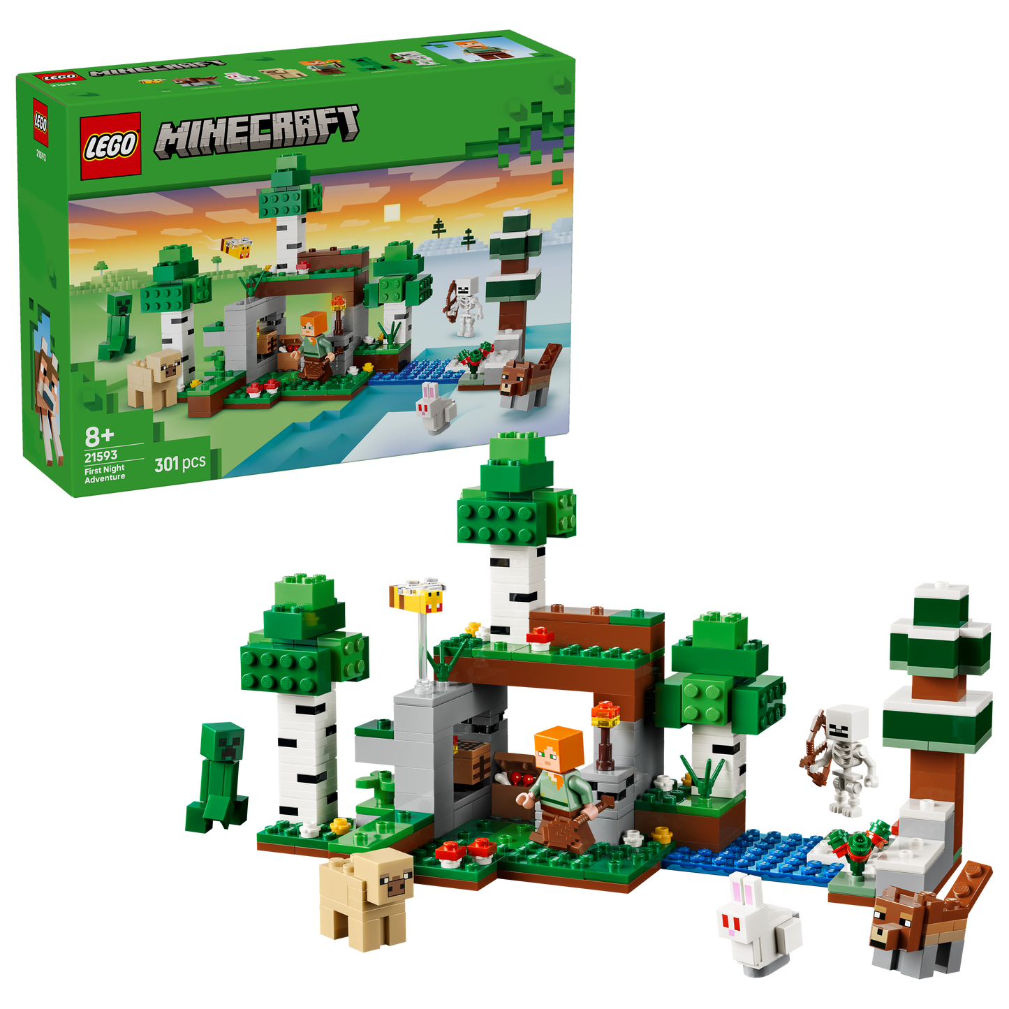 LEGO Minecraft Eerste Nacht-avontuur - Bouwpakket voor Kinderen met 7 figuren Incl. Alex, Creeper, Skelet en Boswolf - Kinderkamer Decoratie - Cadeau voor Gamers, Jongens en Meisjes vanaf 8 jaar - 21593