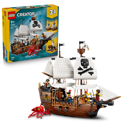 LEGO Creator 3-in-1 Klassiek Piratenschip Speelgoed - Bouwpakket voor Kinderen - Verandert in Speelgoed Kasteel of 2 Boten - Kinderkamer Decoratie - Cadeau voor Jongens en Meisjes vanaf 9 Jaar 31387