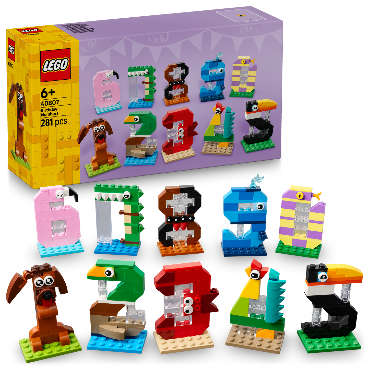 LEGO Verjaardagscijfers Taartdecoratie met Speelgoed Dieren Figuren incl. Hond, Spin en Walvis - Tafeldecoratie en Feestartikel - Cadeau voor Jongens en Meisjes vanaf 6 Jaar - 40807